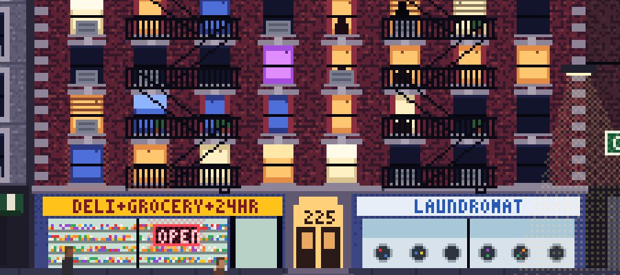 A pixel-art New York walk-up at night, its windows lit by the music